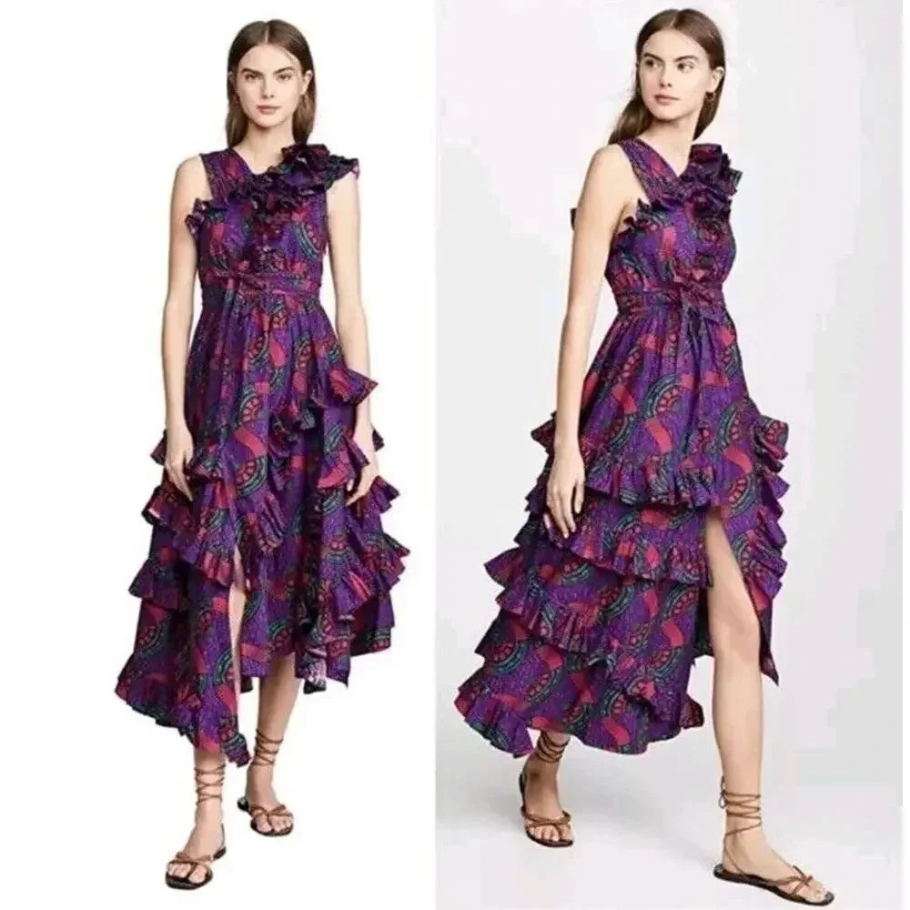 NWT Ulla Johnson IMOGEN Purple Print Ruffle Asymmetrical Midi Dress Size… - Picture 2 of 16
